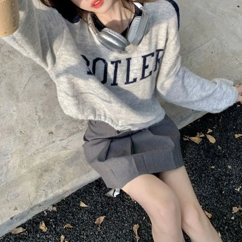 American Off Shoulder Letter Sweatshirts Women\'s Clothing Casual Long Sleeve Spring Autumn O-Neck Stylish Drawstring Pullovers