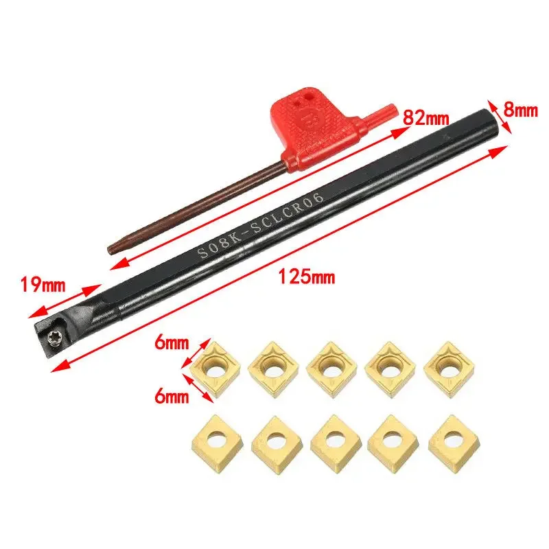 Boring Bar S08K-SCLCR06 Lathe Boring Bar Turning Tool Holder CNC Metal With 10Pcs Carbide Inserts CCMT060204 And 1pc T8 Wrenches