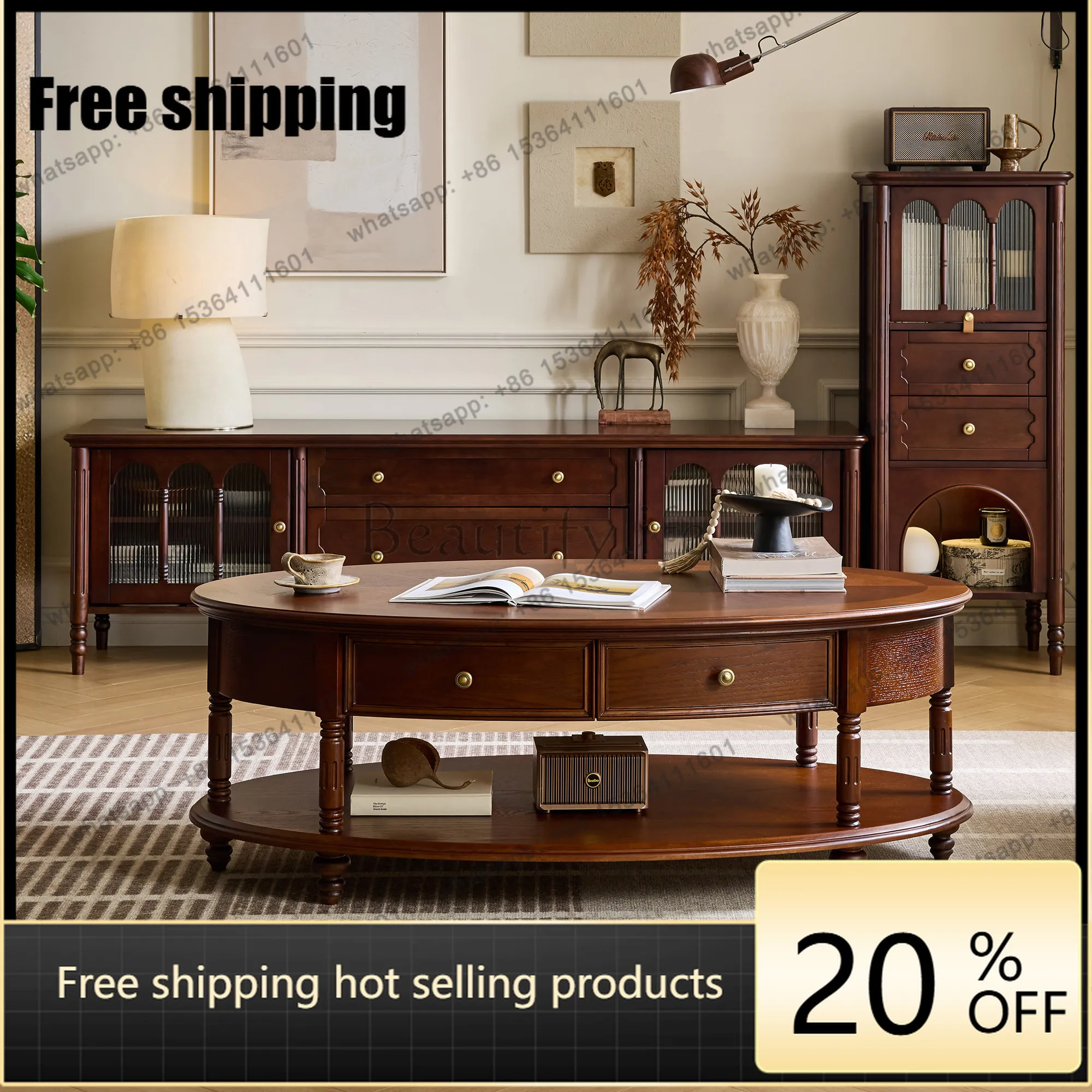LD French solid wood oval coffee table living room home with drawers double storage coffee table