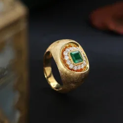 Foydjew Vintage Medieval Style Jewelry Simulation Emerald Rings For Women Retro Elegant Gold Plated Cocktail Party Banquet Ring