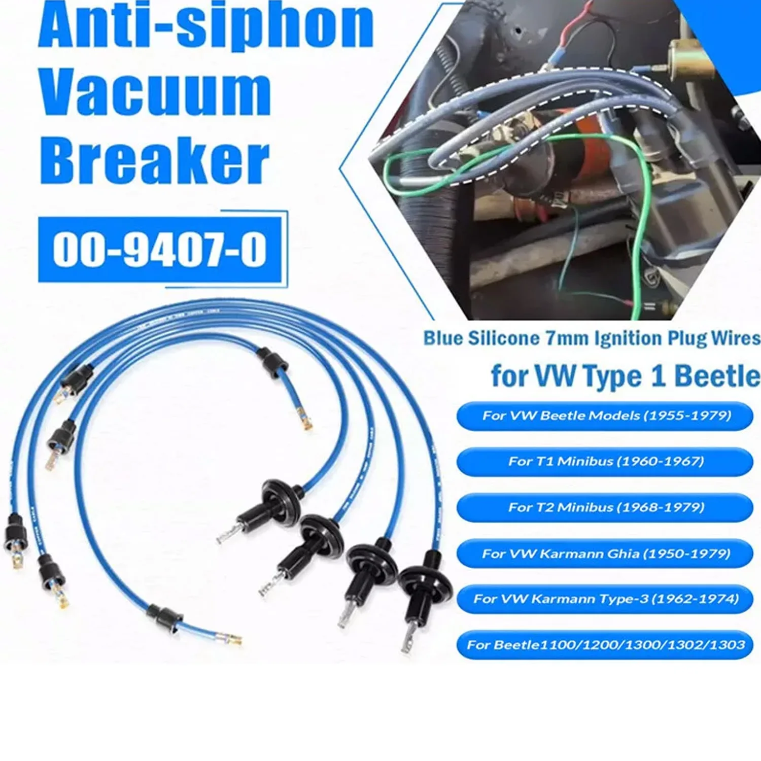 

Набор синих силиконовых проводов для свечей зажигания диаметром 7 мм, 00-9407-0 для VW Type 1 Bug, Beetle, Karmann GHIA, Type II (автобус), вещь