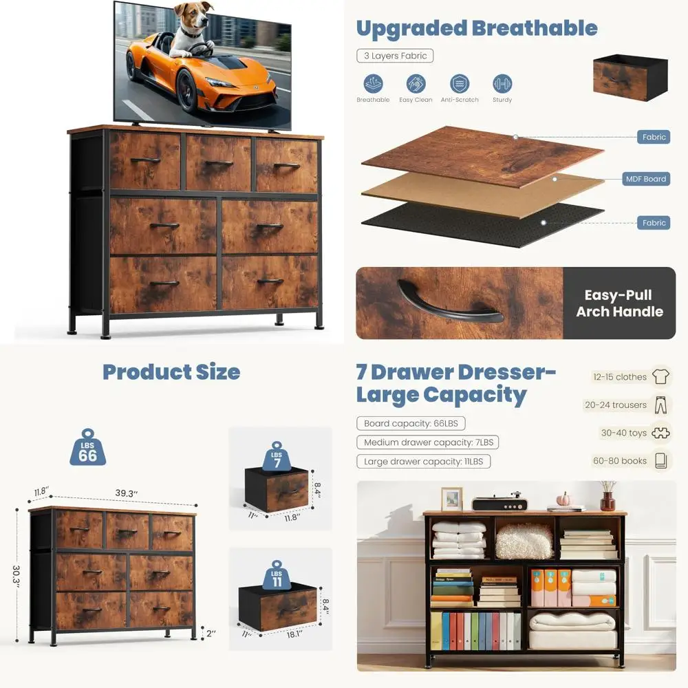 Bedroom Storage Dresser with 7 Drawers, Fabric Bins, Metal Frame Chest Tower TV Stand