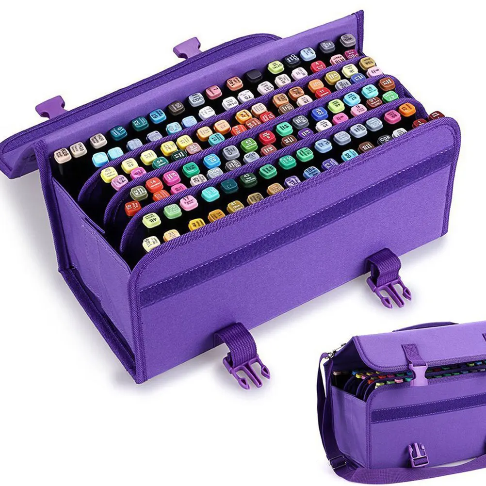 Borsa per pennarelli da 120 slot Tracolla in poliestere resistente Manicotto staccabile Anello elastico Scomparto portaoggetti per cavalletto da tavolo
