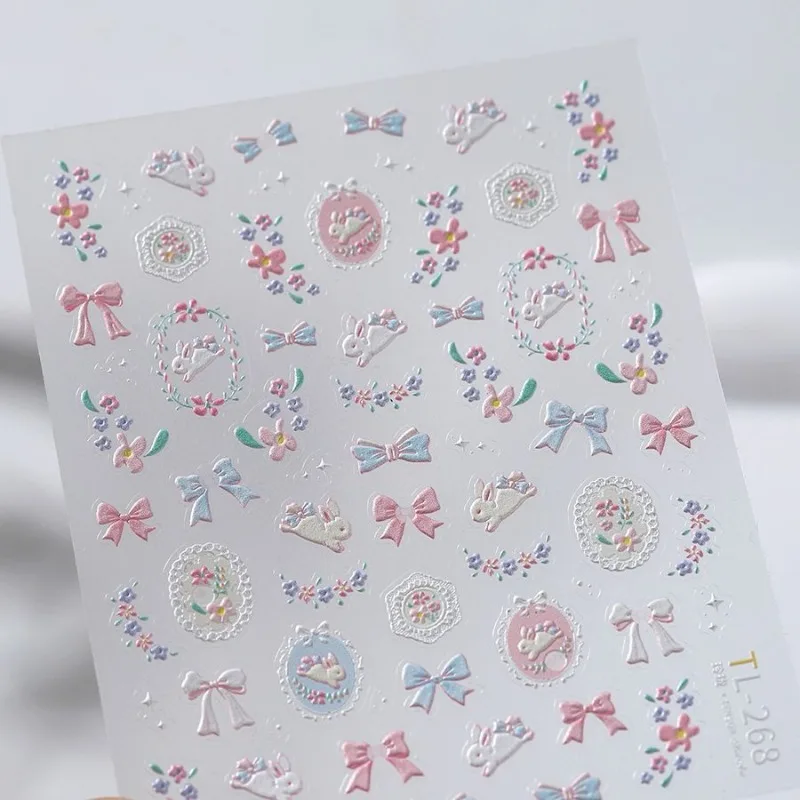 3D Embossed Garden Rabbit Scrapbook Stickers Cute Bunny Bow Decals for Nail Art Fresh Girly Ins Style Self-adhesive Stickers
