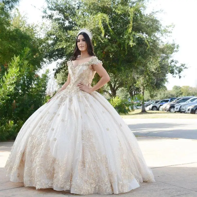 Vestido De baile De quinceañera con manga casquillo brillante, sin mangas, apliques De lentejuelas, cuentas De encaje, dulce 16, 15 Años