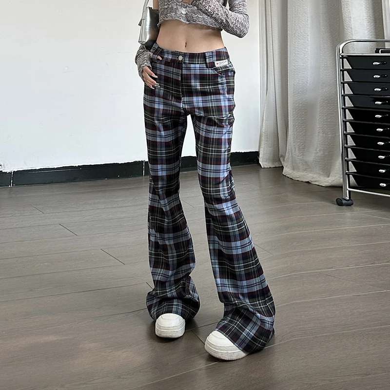 Women's Plaid Flared Pants,Casual Hot Sweet Style,patchwork Bell-bottomed Pants,American And European 2025