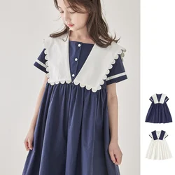 Summer New Baby Girls Clothes Navy Collar Kids Dress Children Classic Students Style Long Dress