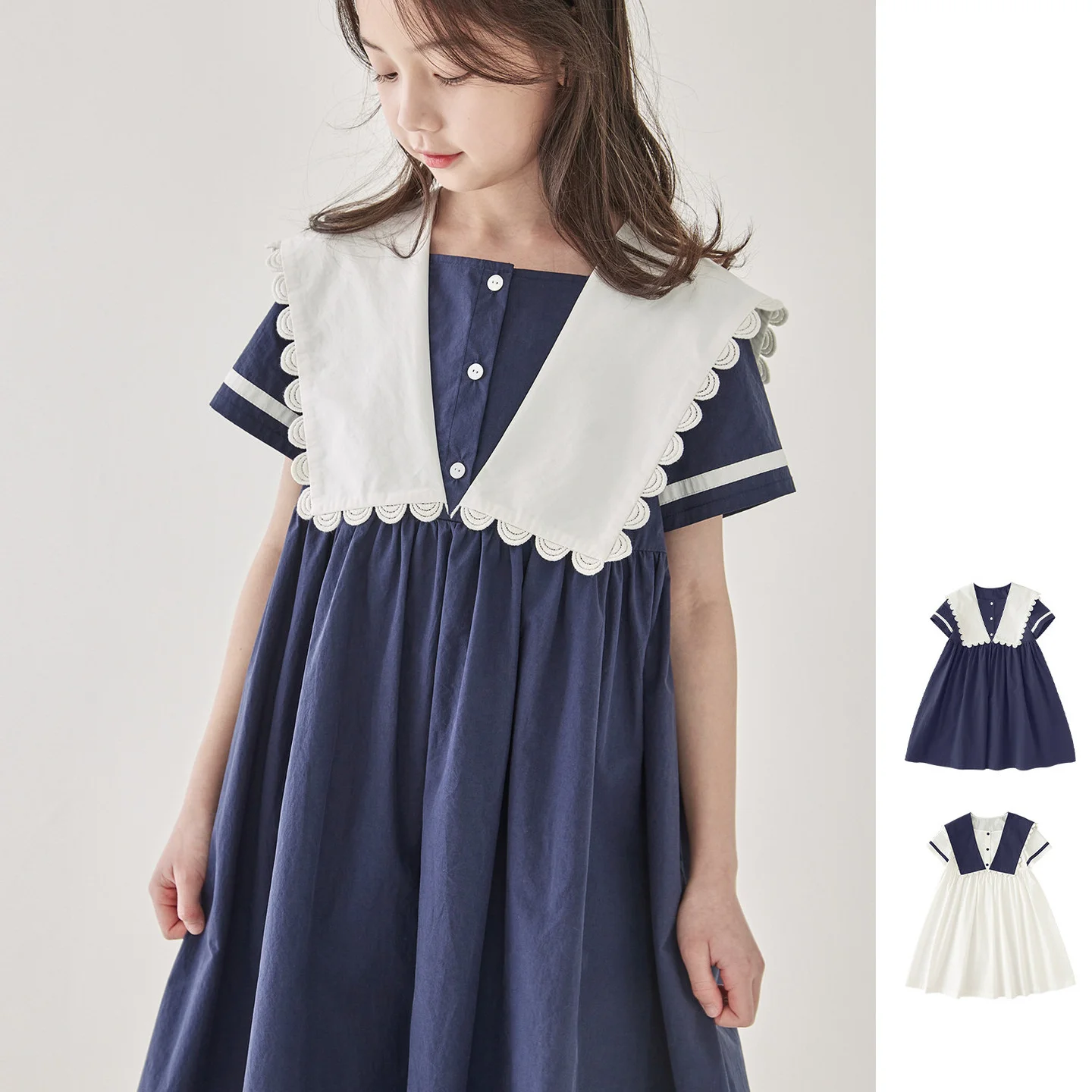 2023 Summer New Baby Girls Clothes Navy Collar Kids Dress Children Classic Students Style Long Dress