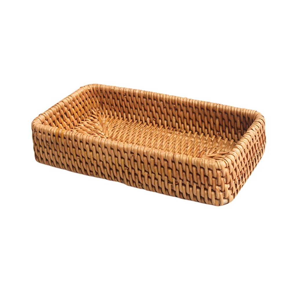 Cesta de almacenamiento tejida a mano, bandeja de almacenamiento de ratán, cestas de mimbre, pan, fruta, comida, desayuno, caja de exhibición, decoración del hogar-C