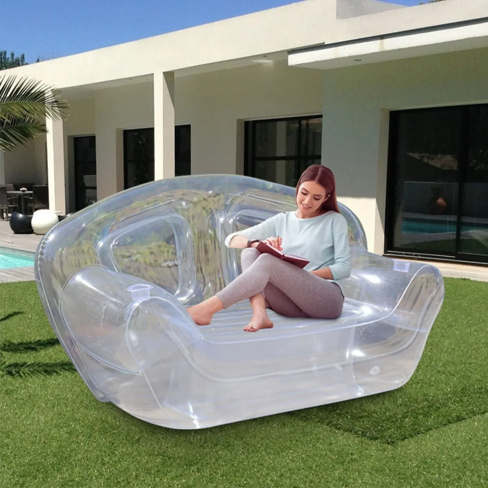 Protable Inflatable Sofa Seat, Transparent PVC Inflatable Couch Blow Up Chairs Couches Lounger Sofa Portable Double Person Sofa