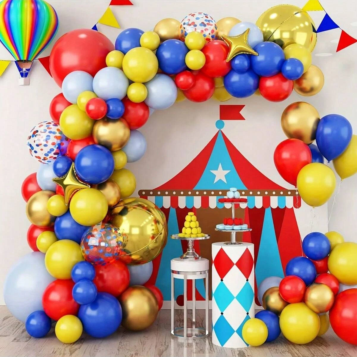 131 piezas, kit de arco de guirnalda de globos de circo de carnaval, globos de látex y confeti coloridos dorados y amarillos azules, globo de aluminio de estrella 4D