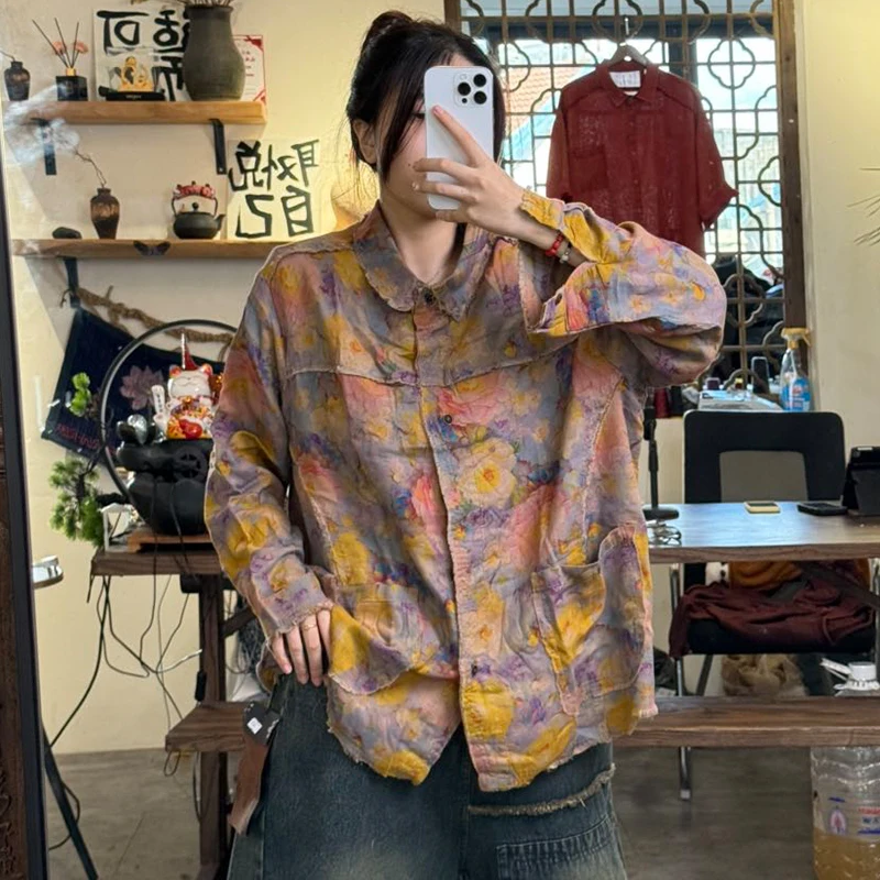 قمصان عصرية للخريف الكوري من Mass Wass للسيدات مطبوعة فضفاضة بتصميم عتيق بلوزات كلاسيكية كاجوال بأكمام طويلة مزهّرة