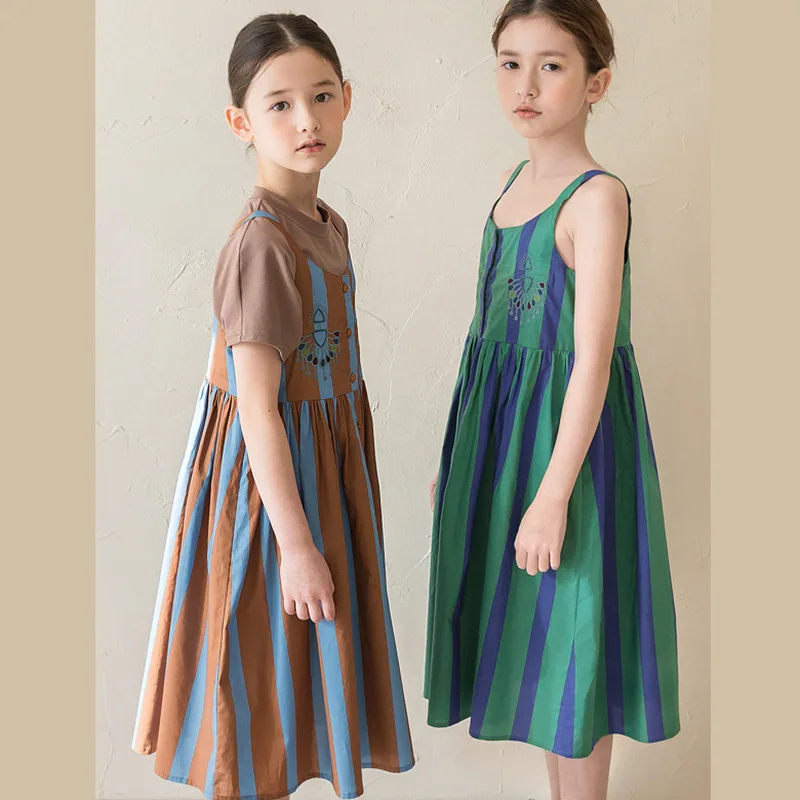 

2024 Summer Children Girl Slip Dress Elementary Girl Retro Cotton Striped One-piece Dress School Girl Embroidery Beach Dress