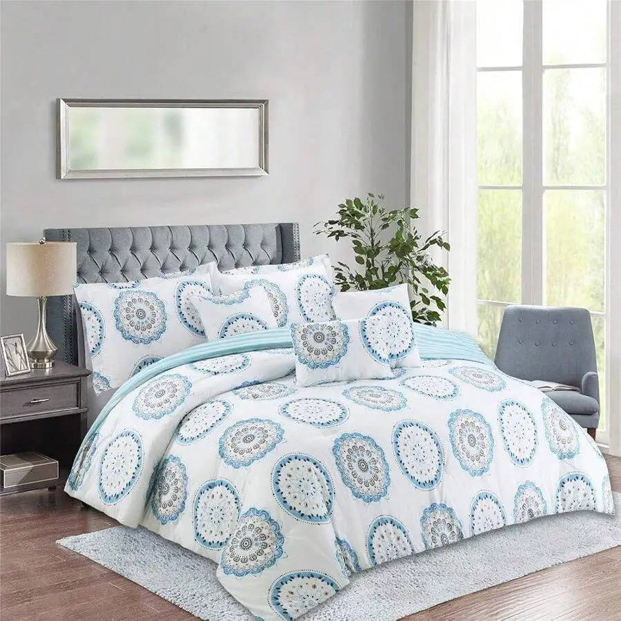 

Blue White Mandala Print Comforter Set With Bed Skirt And Pillow Shams Cal King