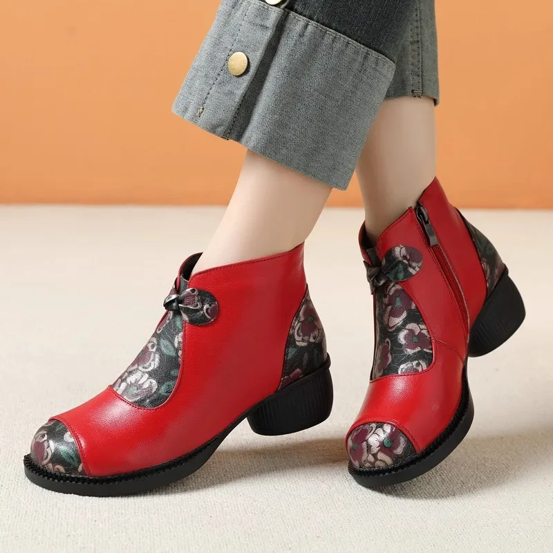 

GKTINOO обувь для мам в этническом стиле, женские полусапожки из натуральной кожи, осень-зима 2022, ботинки на толстом каблуке с круглым носком и мягкой подошвой