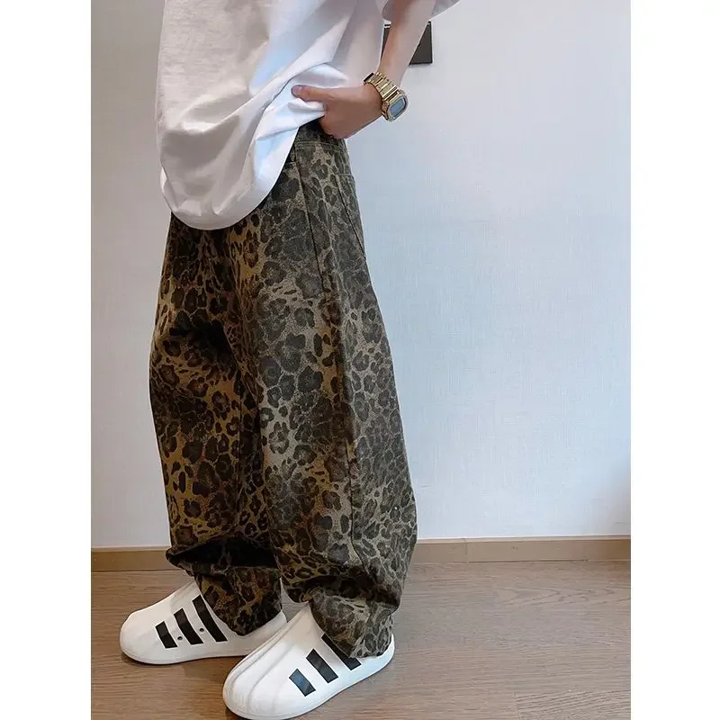 American Baggy Pants Men Y2k Clothes Retro High Street Sports Pants Leopard Print Casual Pants Plus Size Autumn New Style 2024