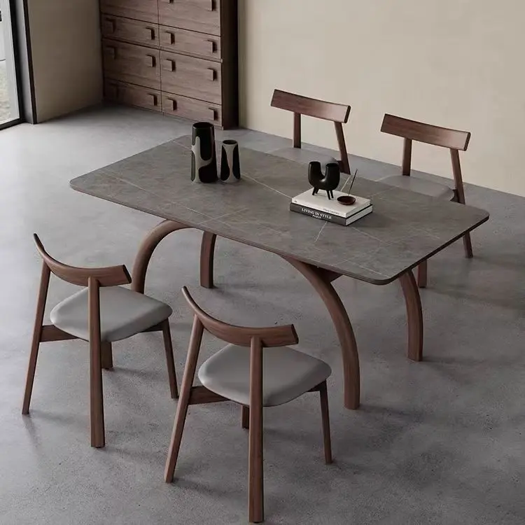 hu-Nordic Marble Stone Dining Table for 8  Modern Wooden Leg Home Dining Room Apartment Furniture Ceramic Dining Table#