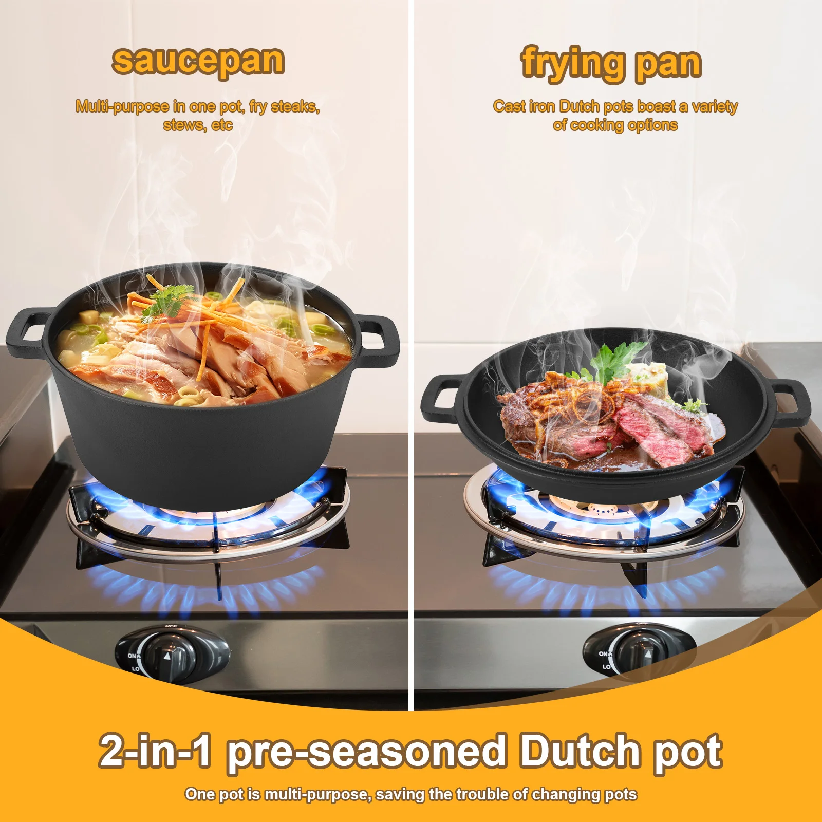 Cast Iron Dutch Oven Set with Skillet Lid Bread Dutch Oven Pot Silicone Handles Fermentation Basket Pot Set for Campfire Cooking