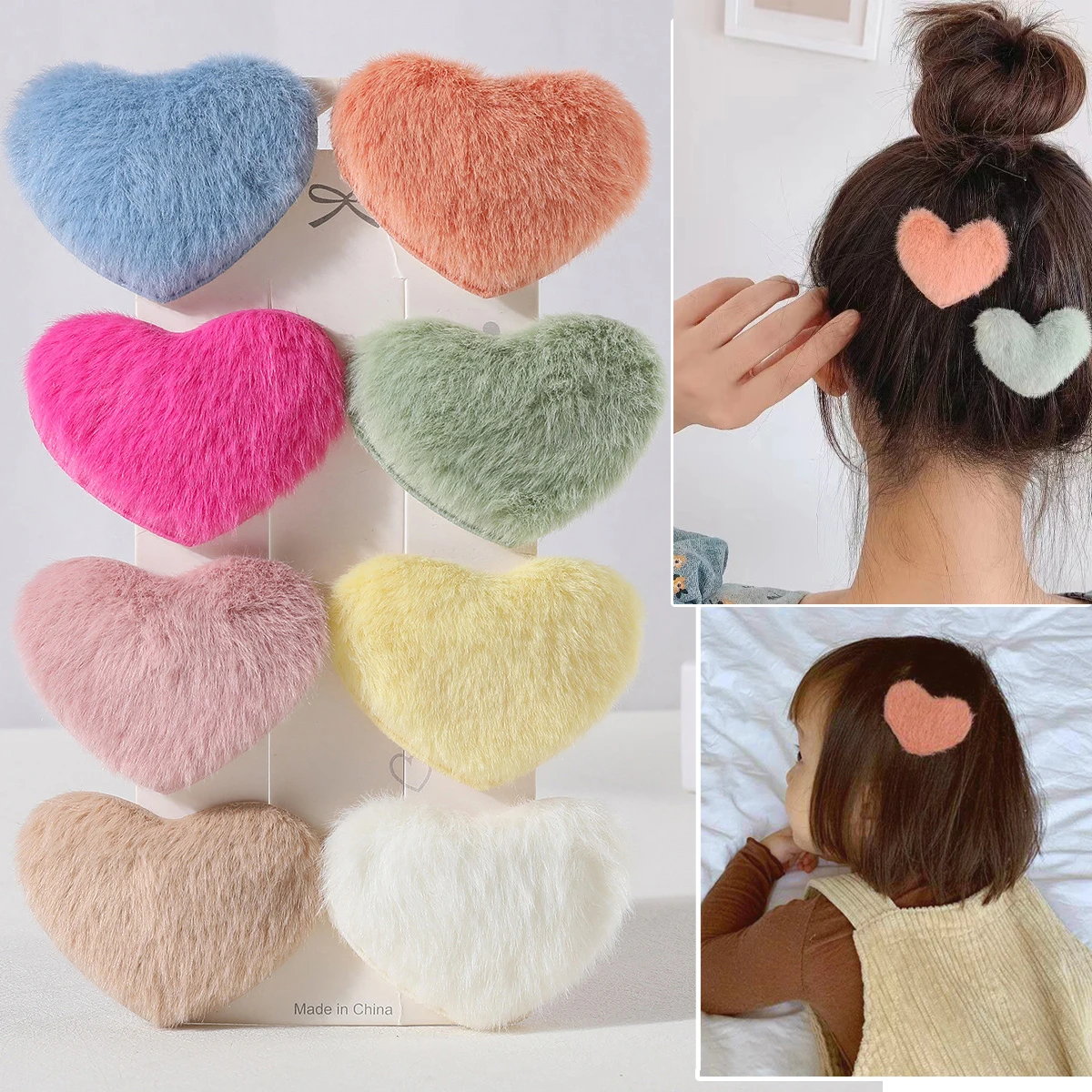 8Pcs Plush Side Bangs Clip for Women Colorful Love Heart Plush Fluffy Hair Clips Barrettes Hairpins Girls Hair Accessories