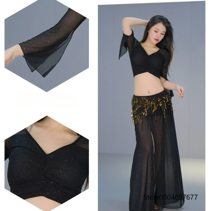 New Adult Maxi Belly Dance for Women Costume Set Mesh Top Long Slit Skirt Practice Sexy Modern Dance Stage Performance Dancewear