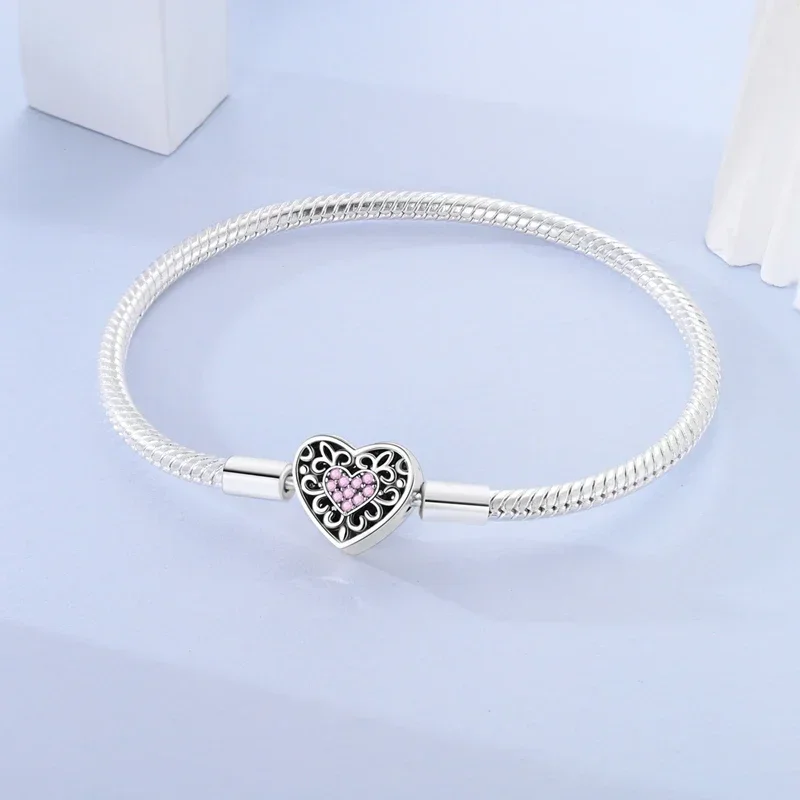 New 925 Sterling Silver Pink Heart Bracelet Shiny Zircon Fit Original Charms Bracelet DIY Jewelry Making Fine Gifts for Women