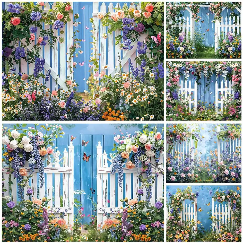 

Mocsicka Backdrop for Photography Blue Wall White Fence Colorful Flowers Green Leaves Boys Girl Photo Background Photocall Props