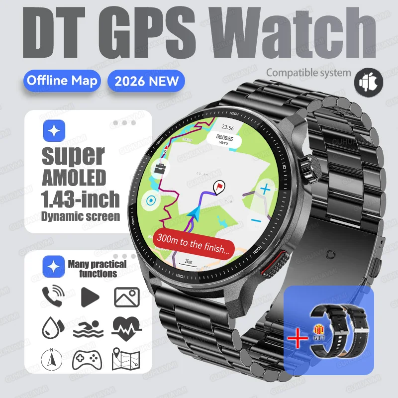2026Nieuwe Tactische Sport Smartwatch Mannen Ingebouwde GPS Offline Kaart 4GB Geheugen 10ATM/IP69K Waterdicht Zwemmen Militray Smart Bracele