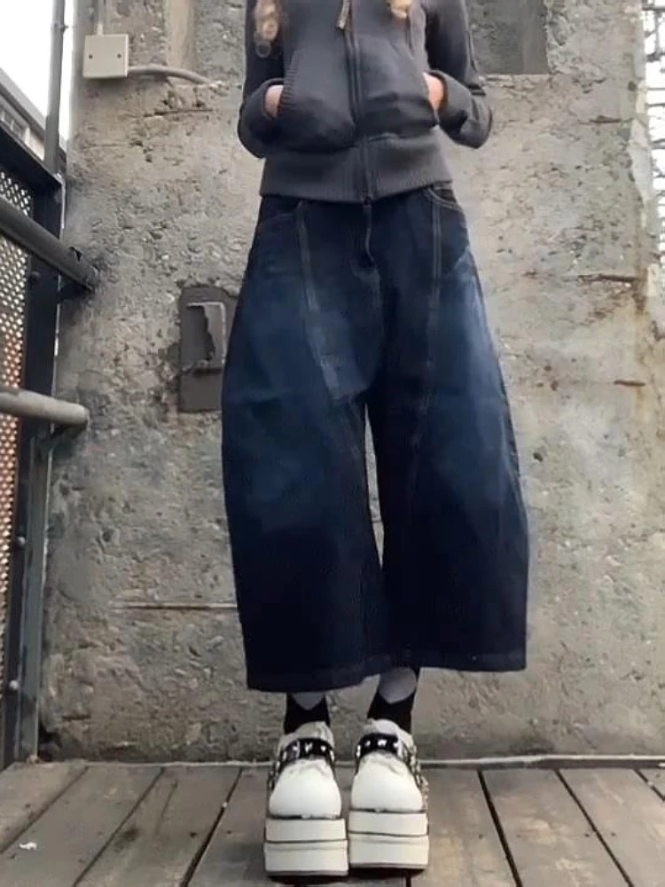 

plus Size American Retro Deep Blue Knife Shape Denim Pants Women's Loose Slimming Seven-Foot Wide Leg Jeans Casual High Waist