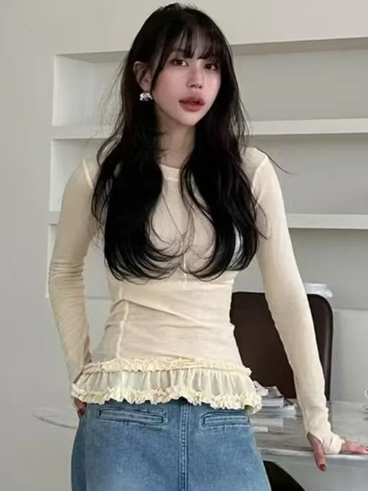 เสื้อซับในผู้หญิงทรงเข้ารูป ผ้าลูกไม้แต่งขอบ แขนยาว ระบายอากาศได้ดี สวมใส่สบาย รุ่นใหม่สำหรับฤดูใบไม้ผลิ