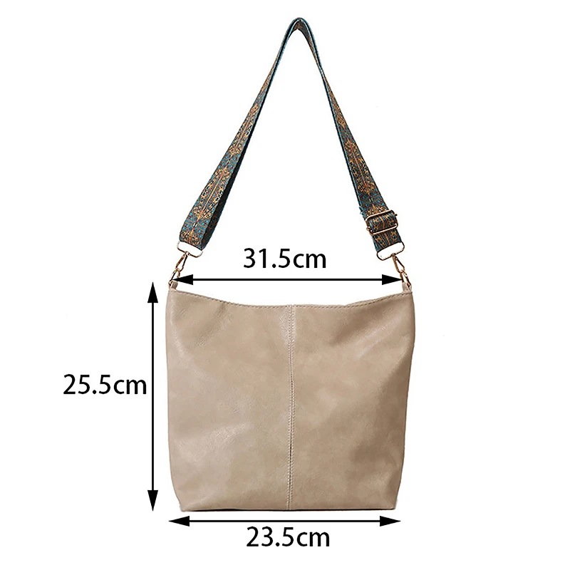 Vintage Solid Color Women Fashion Shoulder Sling Bag High-Capacity Simple Wide Strap Bucket Crossbody Bag