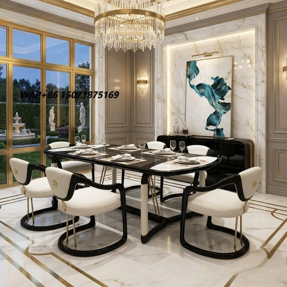 Luxury Italian Elegant Restaurant Large Dining Table Chair Combination Glass Marble Top High-end Furniture Set for Villa Project