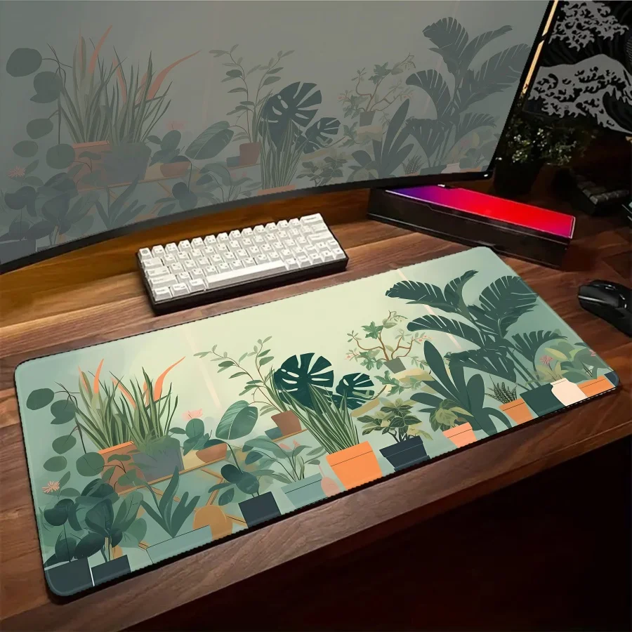 Gaming Mouse Pad Cat with Green Plants Gamer Computer Mousepads Keyboard Pads Game XXL Tapis de Souris RUbber Kawaii Mouse Mat