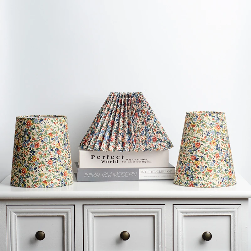 Pastoral Style Pleated Table Lampshade Linen Fabric Retro Floral Pattern Lampshades Bedroom Hotel Bedside Floor Lamp Cover