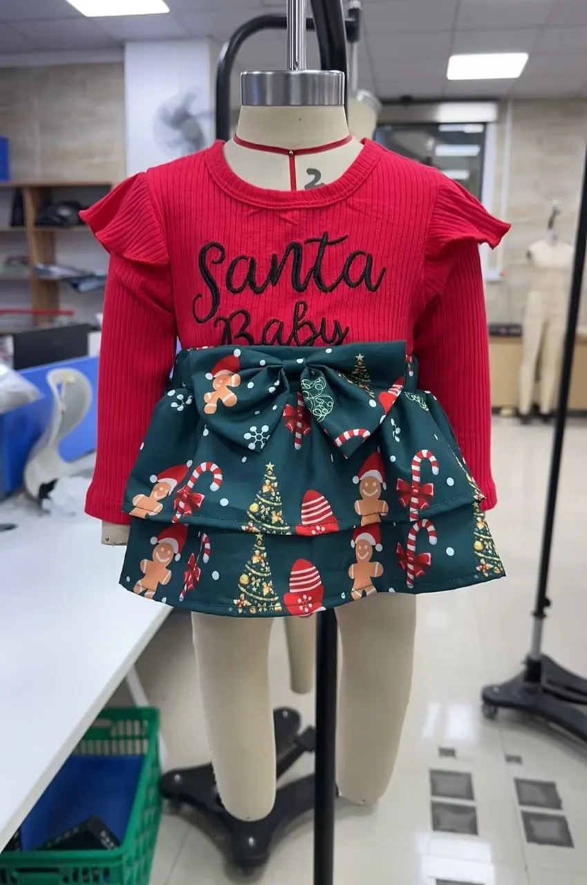 2026 السنة الجديدة موضة طفل رضيع فتاة عيد الميلاد رومبير فستان عيد الميلاد كم طويل رسالة سانتا قبعة طباعة رومبير مع القوس عقال #5