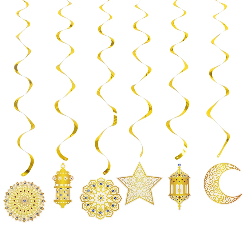 

6pcs/Set EID Mubarak Swirl Banner Gold Star Moon Ceiling Hanging Ornament Ramadan Kareem Decoration Islam Muslim Party Supplies