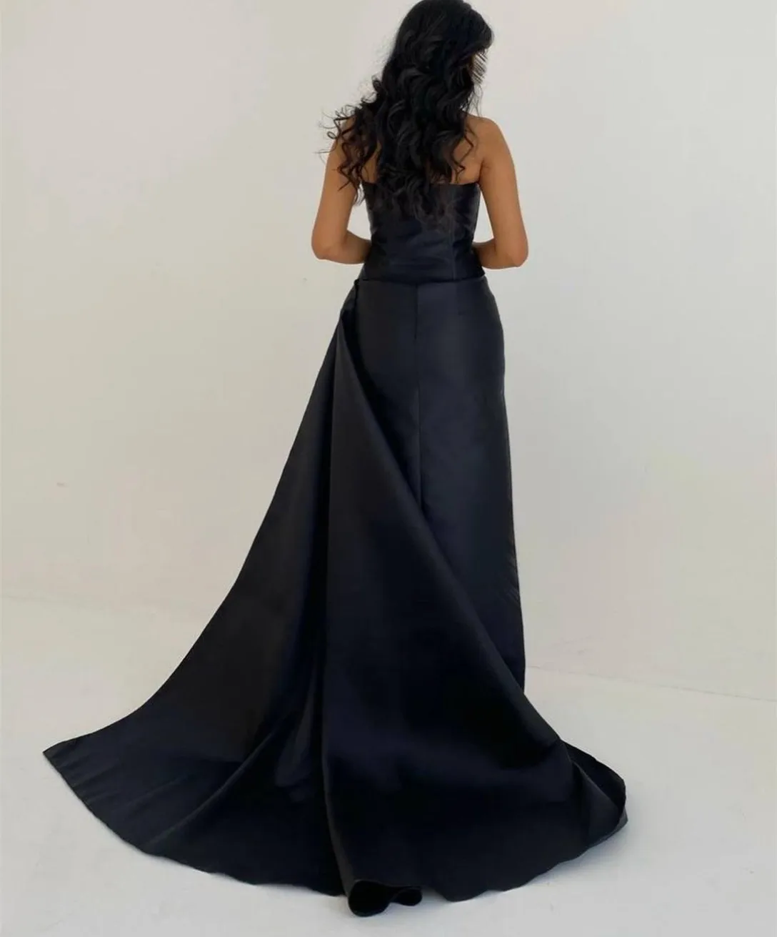 Classy Long Black Taffeta Evening Dresses with Side Train فساتين سهرة Sheath Strapless Ankle Length Prom Dress for Women