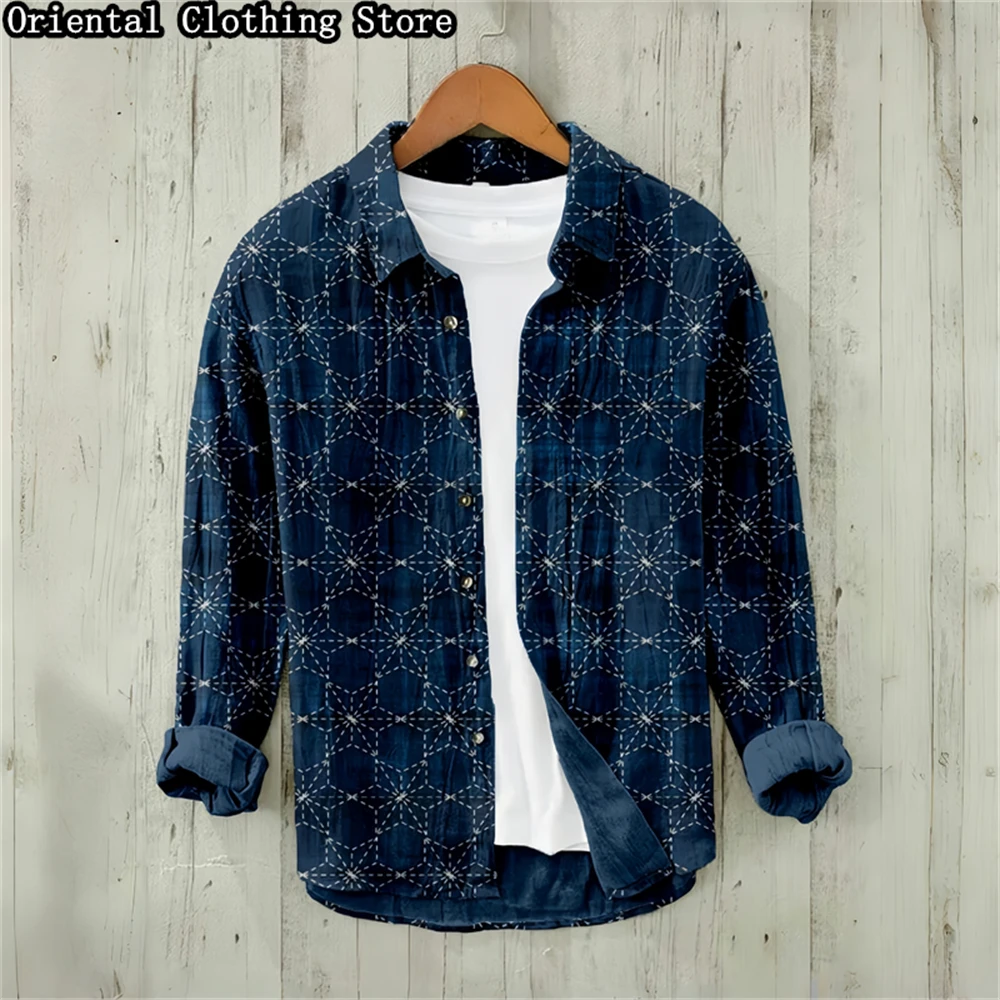 2024 independent station popular Tiktok men's linen long-sleeved 3D printed shirt daily casual retro clothing