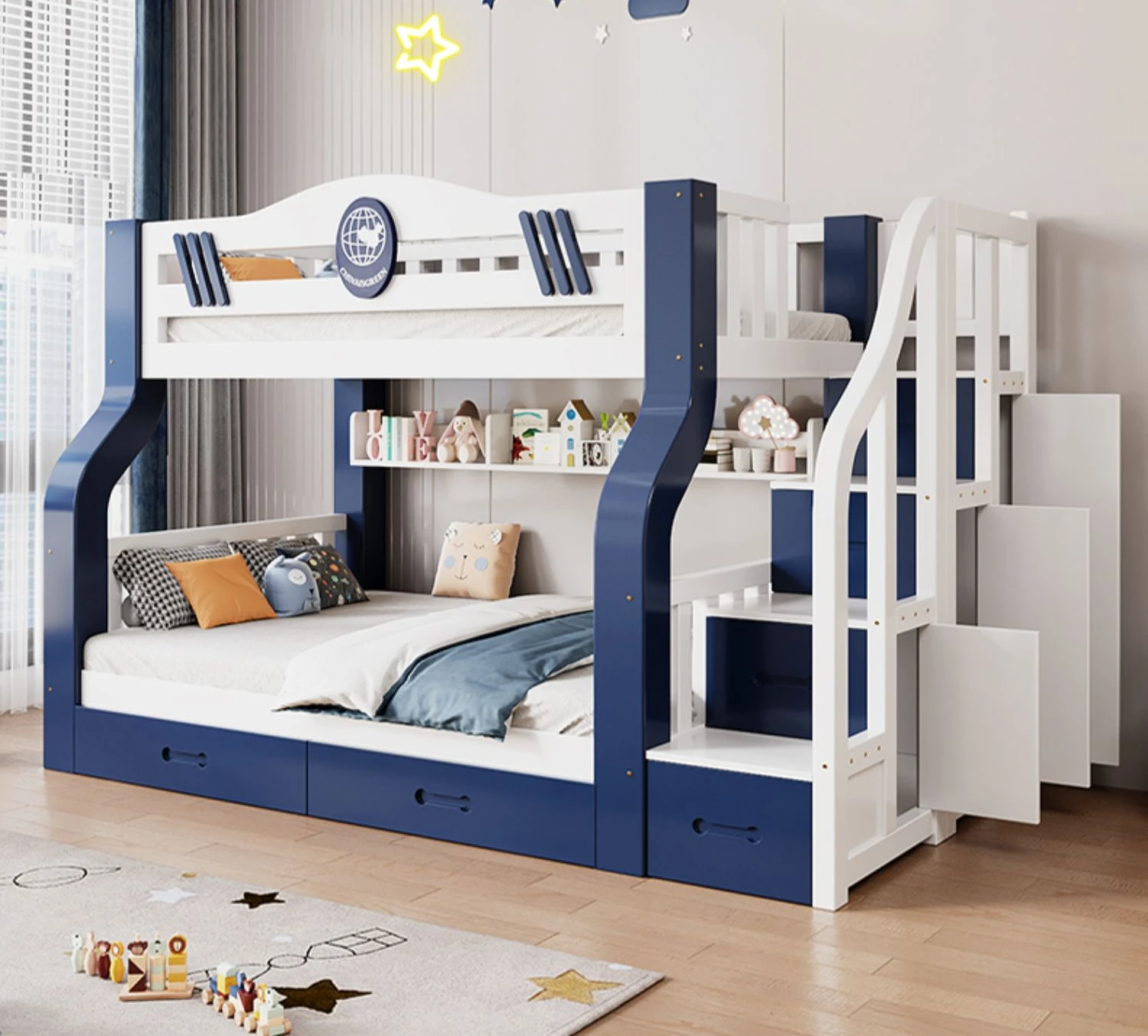 Solid wood bunk bed with upper and lower bunk beds