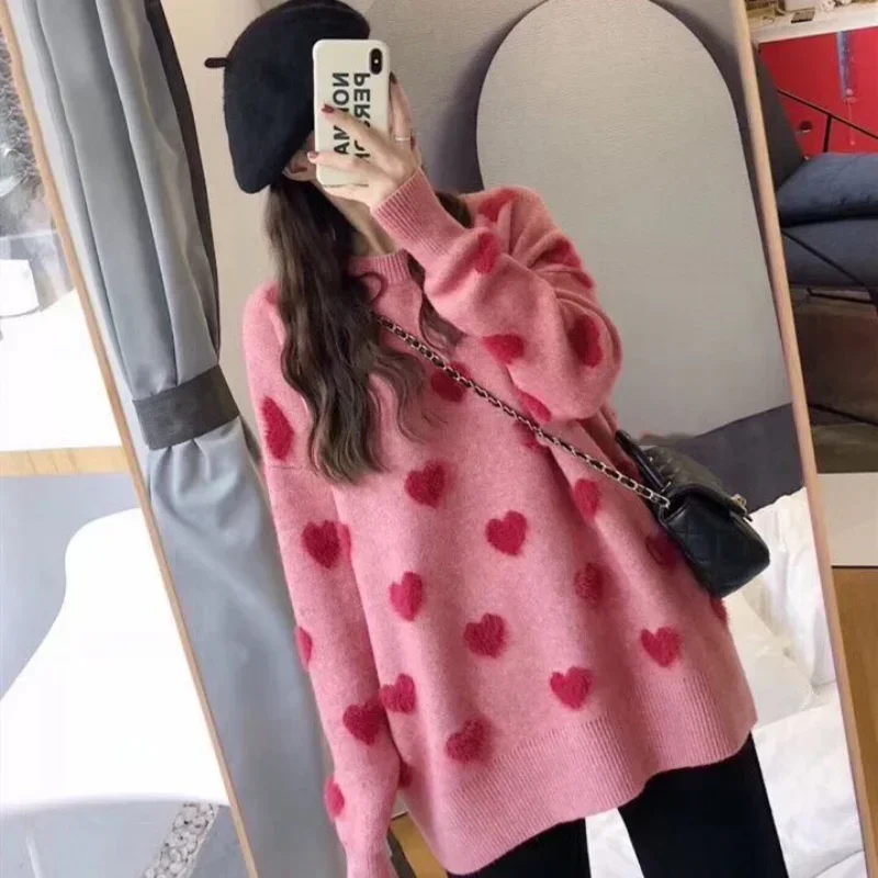 Sweet Sweater Love Heart Design Pullovers Korean Fashion Imitation Mink Velvet Soft Knitted Tops Female Winter Clothing Pink