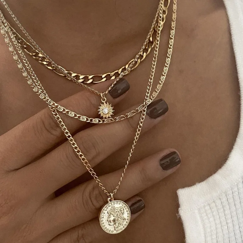 

New punk style street portrait coin pendant necklace women's multi-layer exaggerated collarbone chain