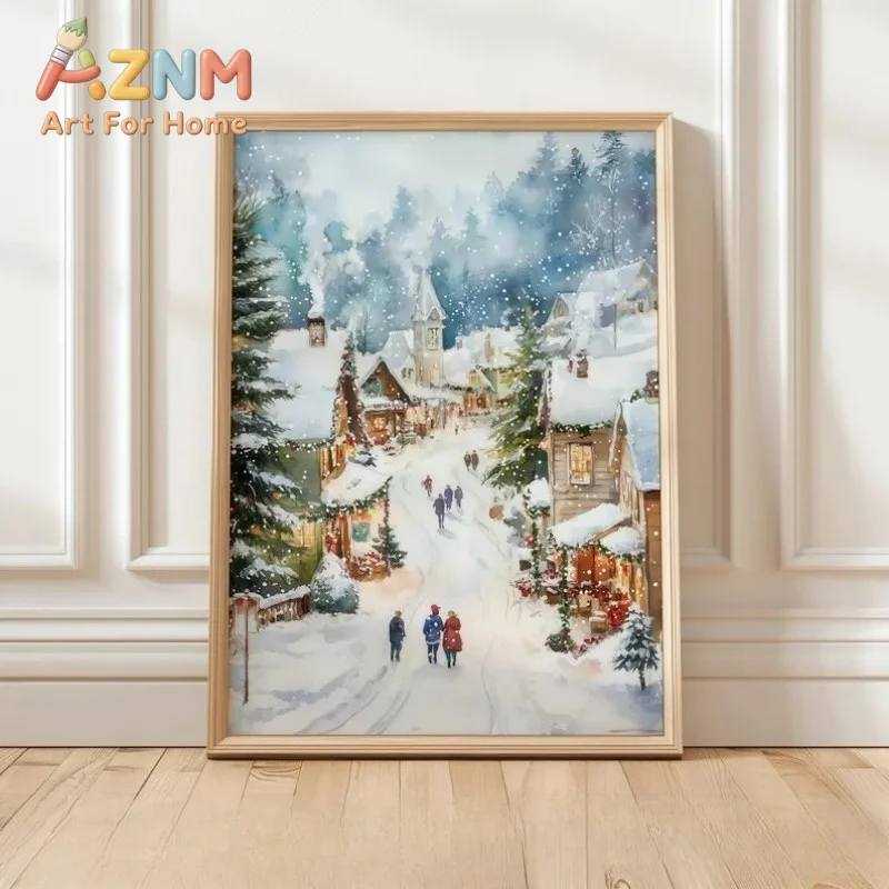 Vintage Winter Town Christmas Village Poster Christmas Snowy Landscape Prints Canvas Painting Wall Art Pictures Home Room Decor
