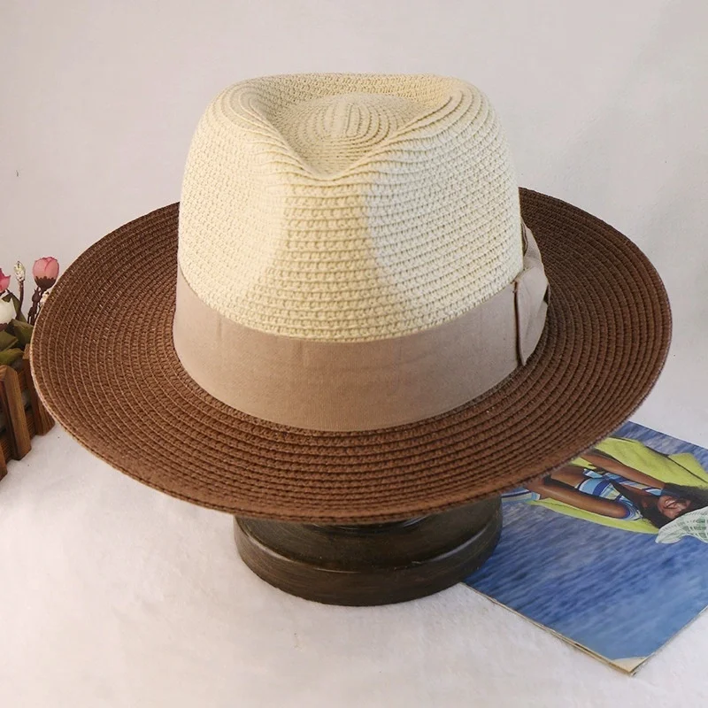 Panama Straw Hat, Two-Tone Patchwork, Sun Protection, Beach Hat, Unisex Summer Jazz Hat, French-Style Woven Straw Hat