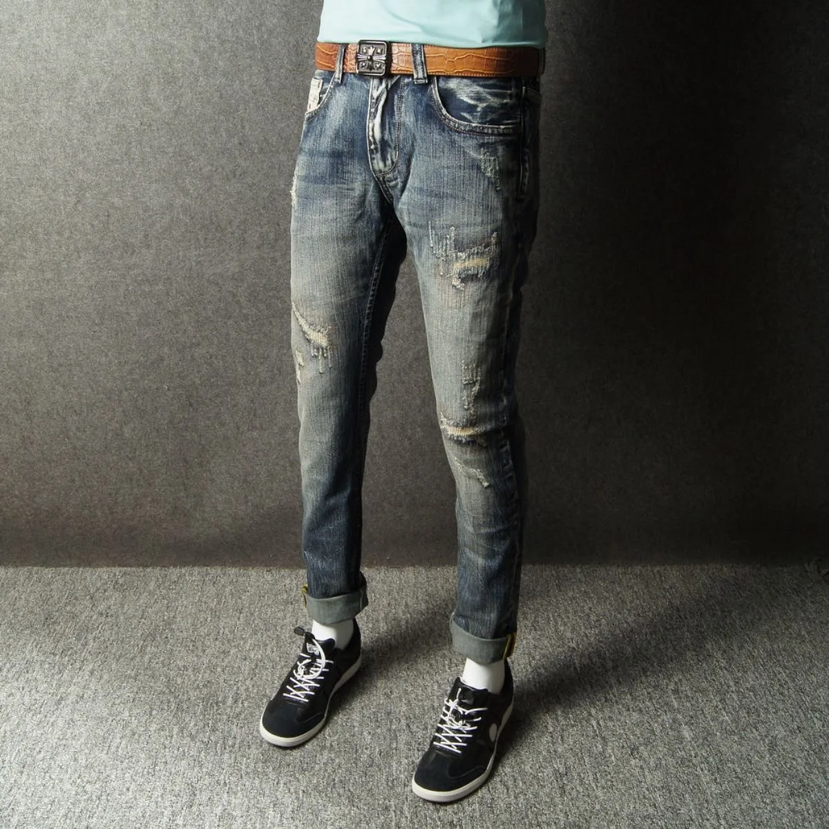 2023 Spring and Autumn New Fashion Casual Solid Color Vintage Ripped Jeans Men\'s Slim Comfortable Elastic High-Quality Jeans