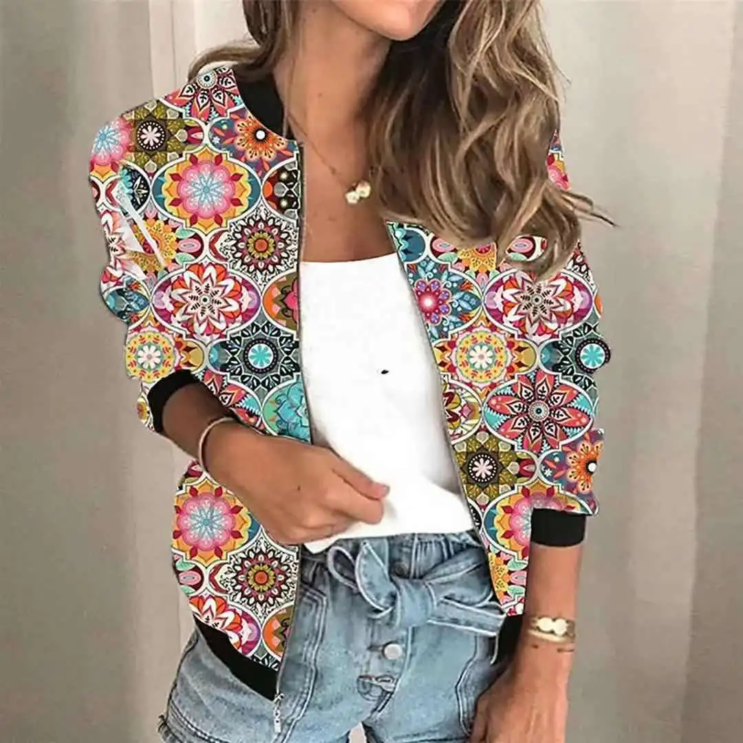 High quality new women\'s fall new women\'s retro casual digital printing zipper short jacket