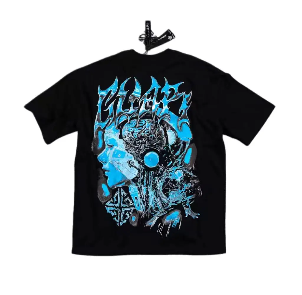 Guapi Retro Cyber Mechanical Face Short Sleeve Bluegrass Gothic Back Print T-Shirt For Men and Women