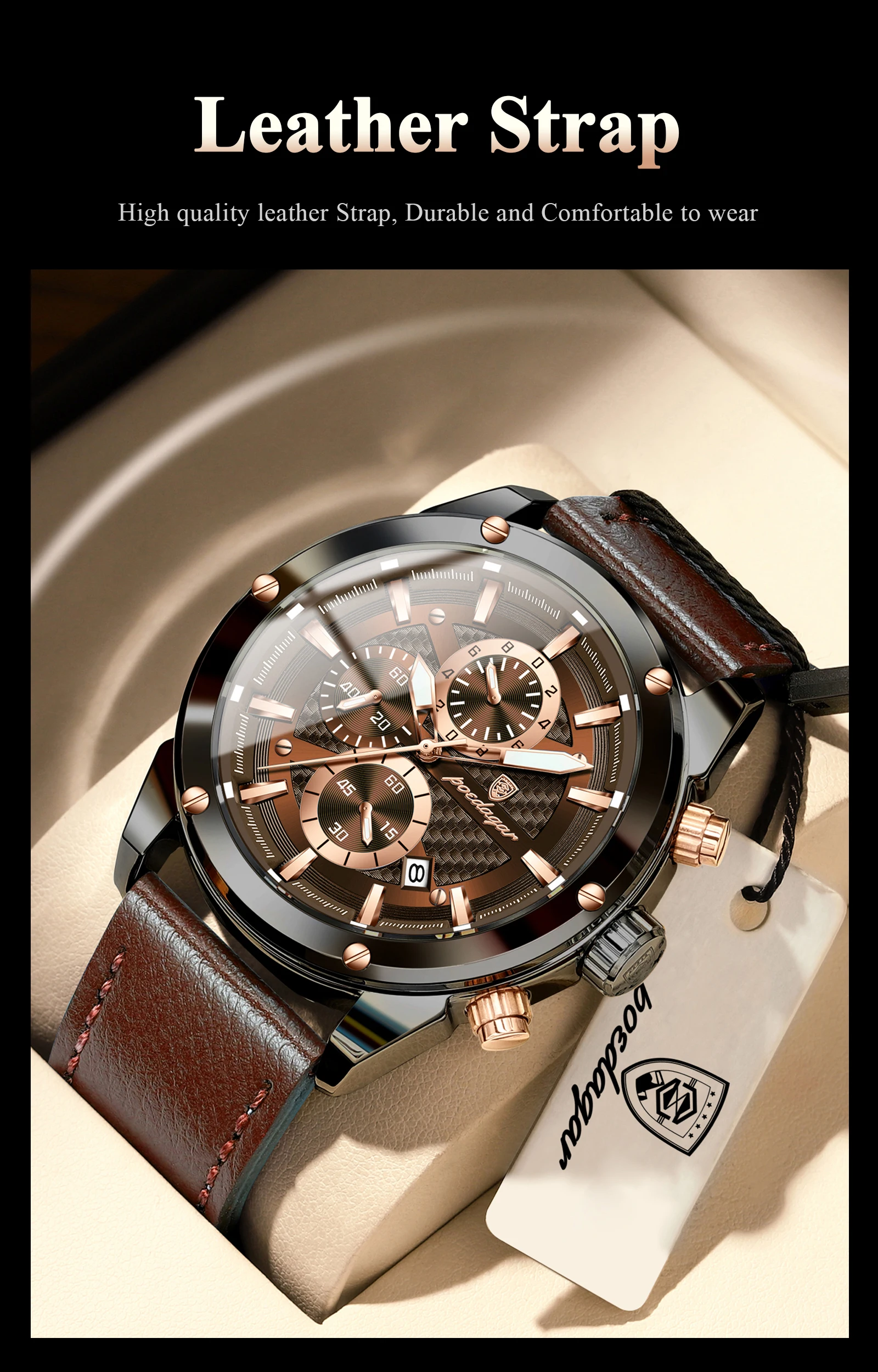 POEDAGAR High Quality Quartz Man Clock Waterproof Luminous Chronograph Date Men Wristwatch Leather Luxury Business Men's Watches