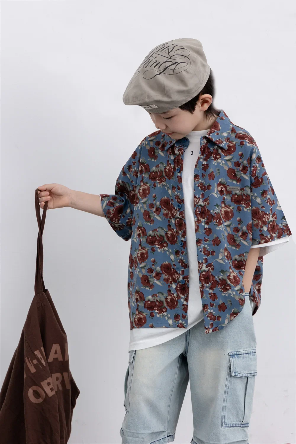 Kids Shirt 2024 Summer New Full Body Printed Casual Half Sleeve Shirt Handsome Childrens Korean Style Top for Outdoor