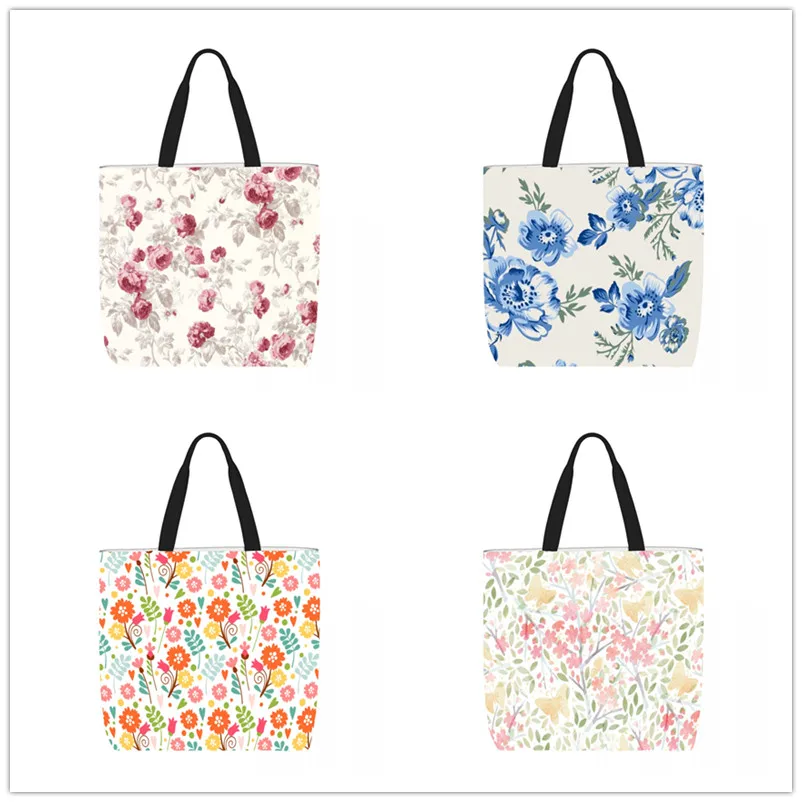 Floral Print Customize Tote Bag Printed Traveling Shoulder Bags Eco Reusable Shopping Bags For Women with Print