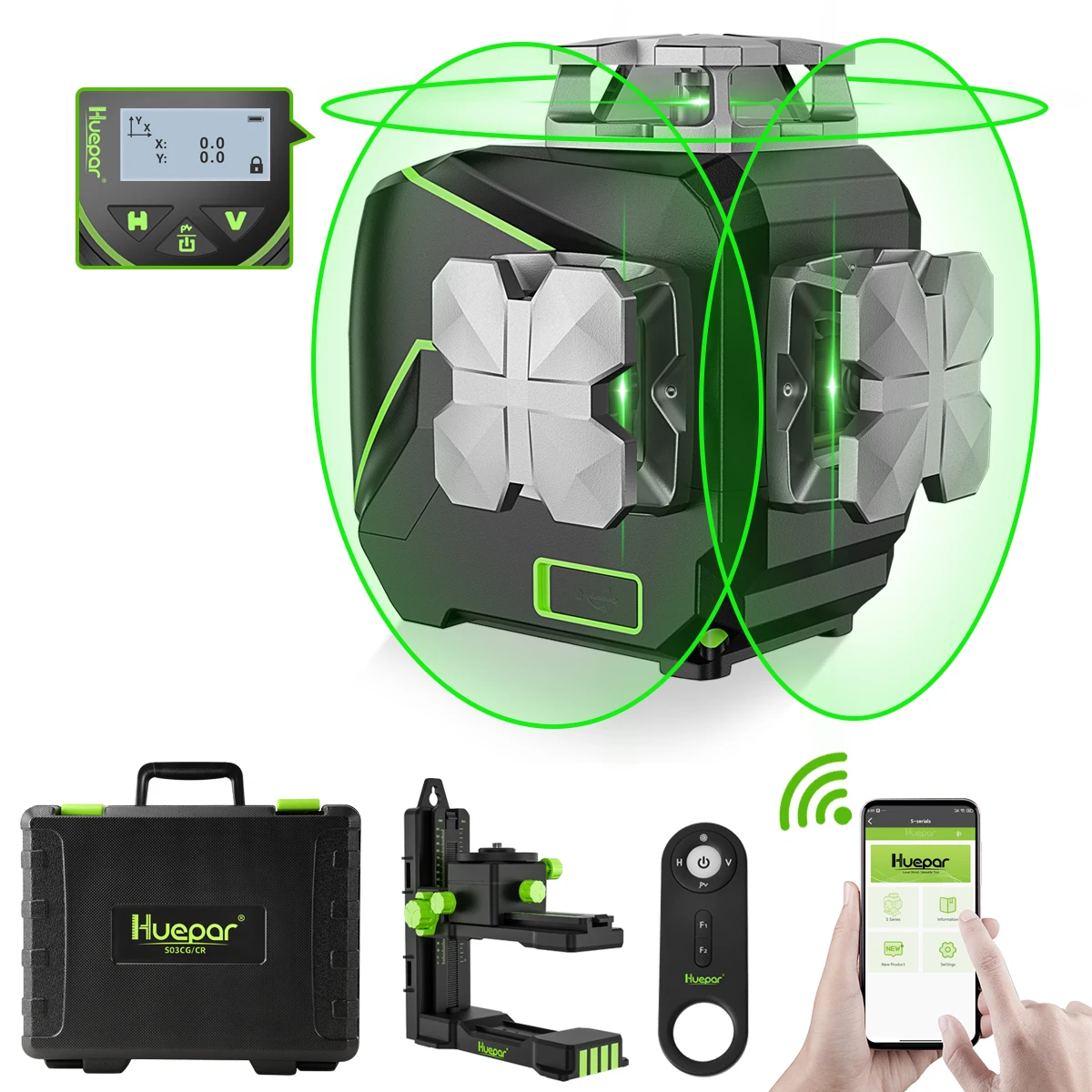 Huepar 3D LCD Display Cross Line Laser Level 12 Lines Green Beam Bluetooth & Remote Control Functions S03CG With Hard Carry Case