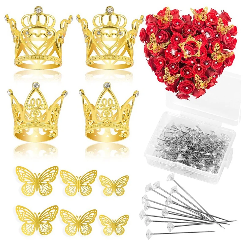 140 Pcs Flower Corsage Accessories Set,4 Pcs Mini Gold Crown 36 Pcs 3D Gold Butterfly Stickers And 100 Pcs Diamond Pins